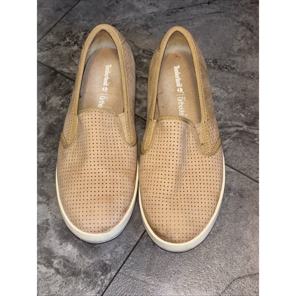 Timberland Ortholite Slip On Sneaker Tan Perferated Women 9M Vegan Leather